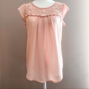 Blush Pink Button Back Crochet Lace Ruffle Blouse